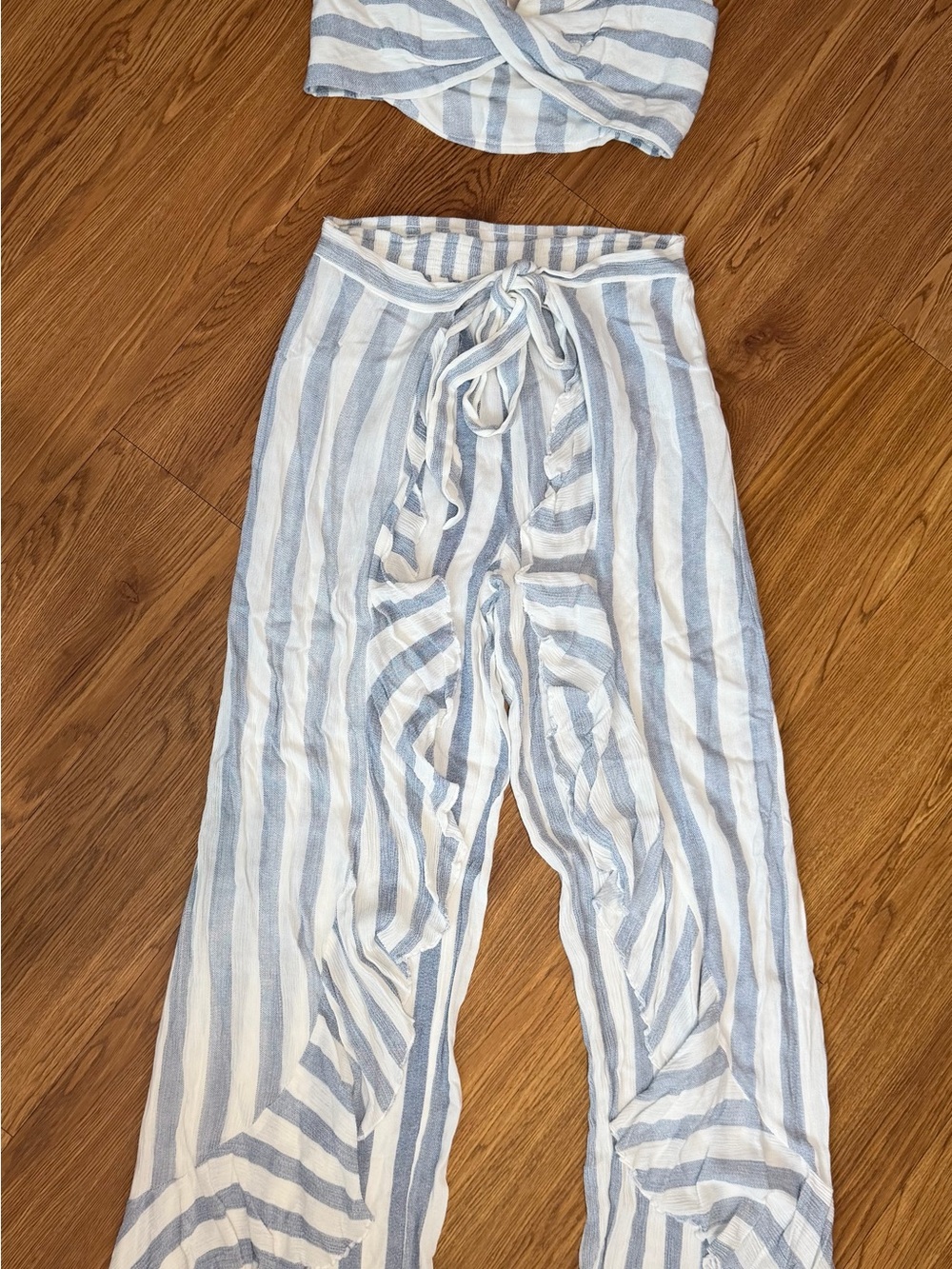 LUXXEL Blue & White Striped 2 Piece Crop Top & Pants Set S/M